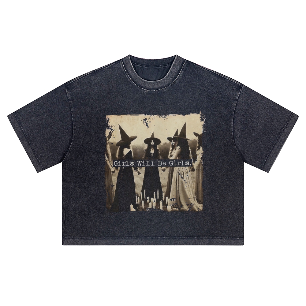 "Girls Will Be Girls" Witch Coven Vintage Washed Cropped T-Shirt