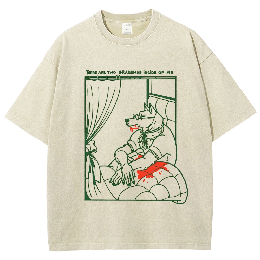 "Two Grandmas Inside Me" Little Red Riding Hood Wolf Washed T-Shirt 