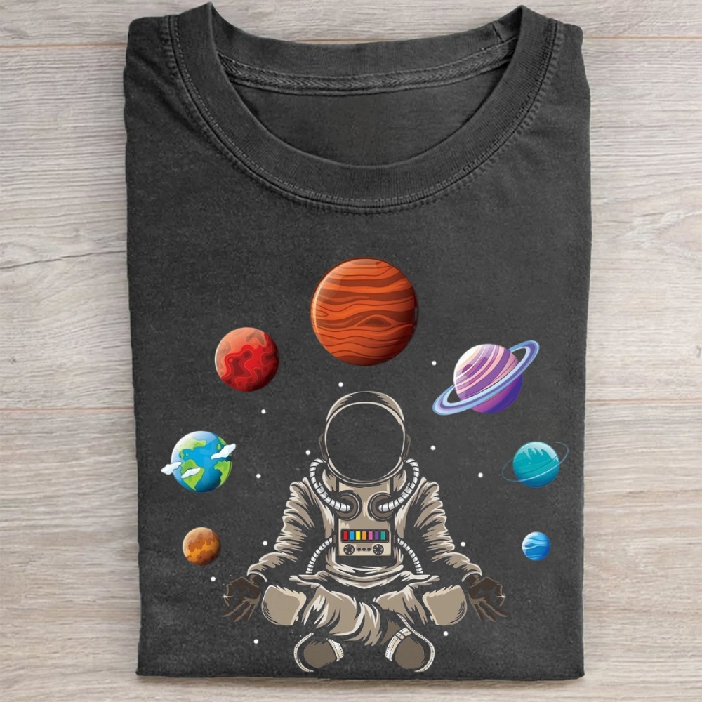 "Meditating Astronaut Planets" Cosmic Zen Vintage Washed Tee