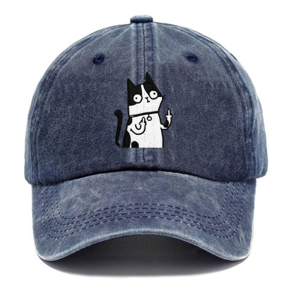 Embroidered Middle Finger Cat Vintage Casual Washed Cap
