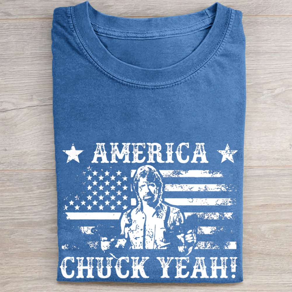  "America Chuck Yeah!" Retro Action Star Vintage Washed Tee 