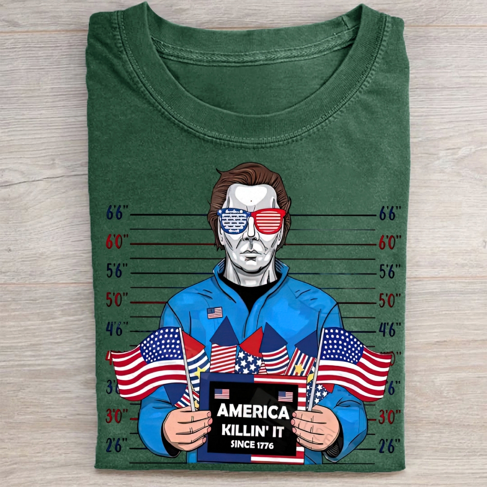 "America Killin' It Since 1776" Horror Character Mugshot Vintage Washed Tee 