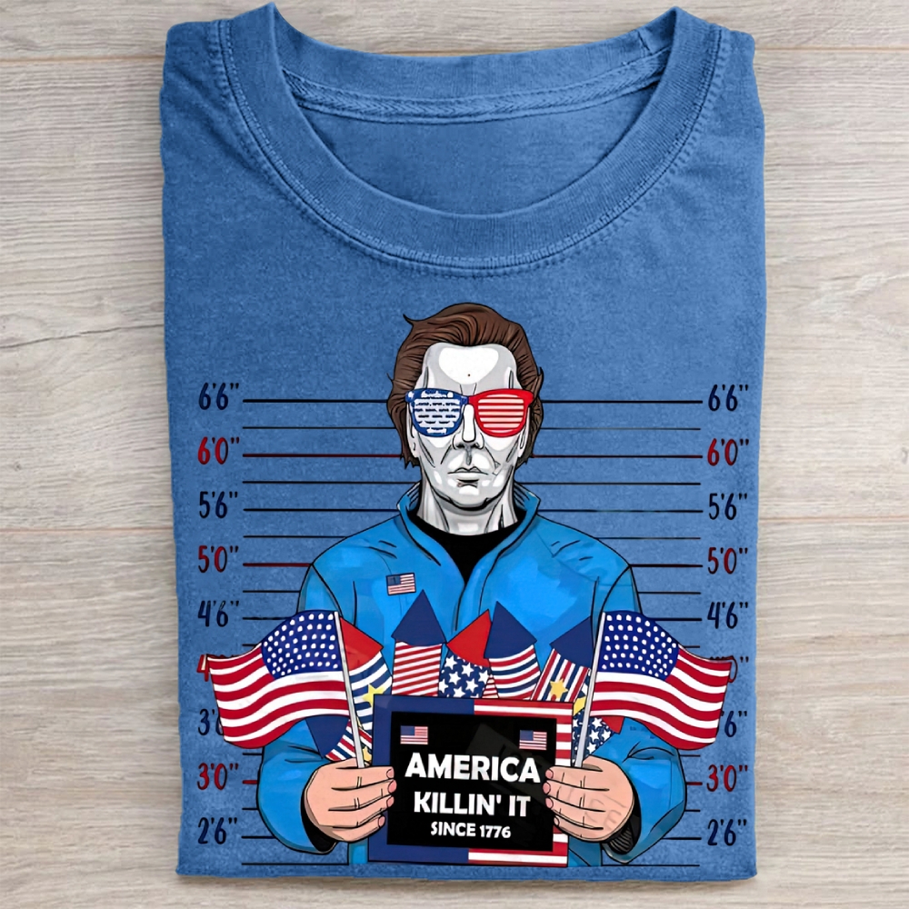 "America Killin' It Since 1776" Horror Character Mugshot Vintage Washed Tee 