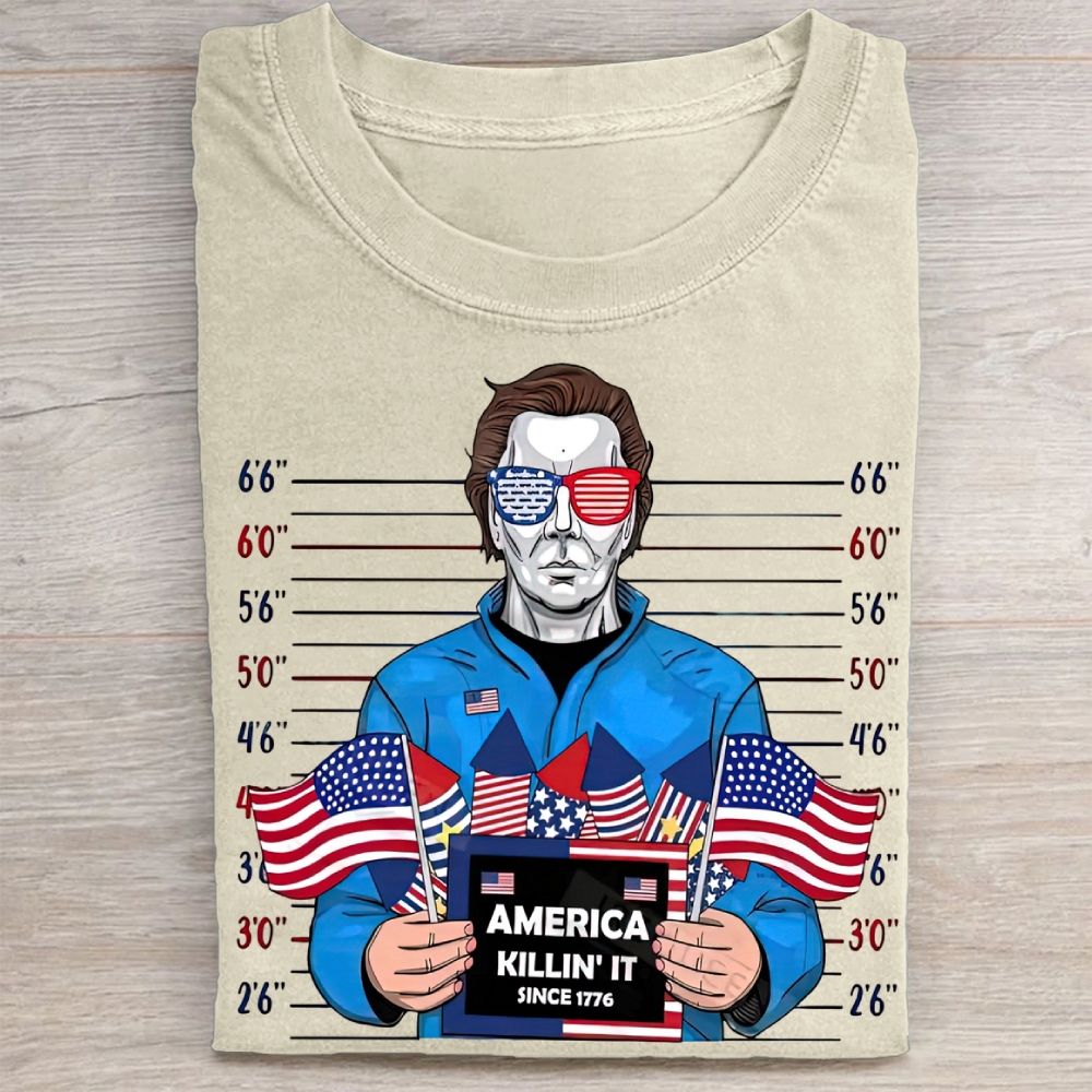 "America Killin' It Since 1776" Horror Character Mugshot Vintage Washed Tee 
