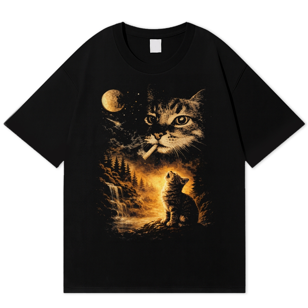 Surreal Cat Dream Graphic Cotton T-shirt 