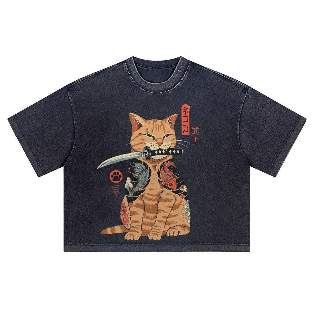 Japanese Samurai Cat Washed Cropped T-Shirt 