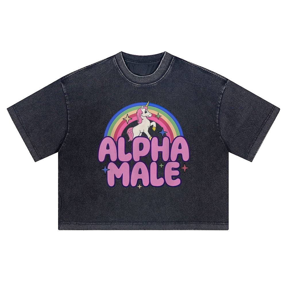 Rainbow Unicorn Alpha Male Y2K Washed Cropped T-Shirt 