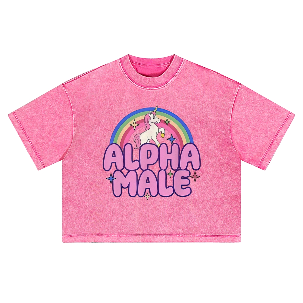 Rainbow Unicorn Alpha Male Y2K Washed Cropped T-Shirt 