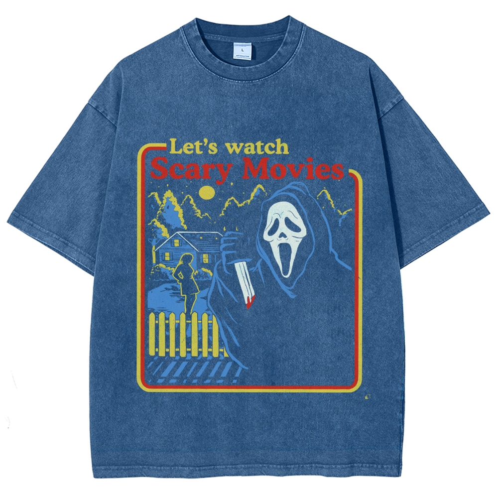"Let's Watch Scary Movies" Retro Slasher Style Horror Washed T-Shirt