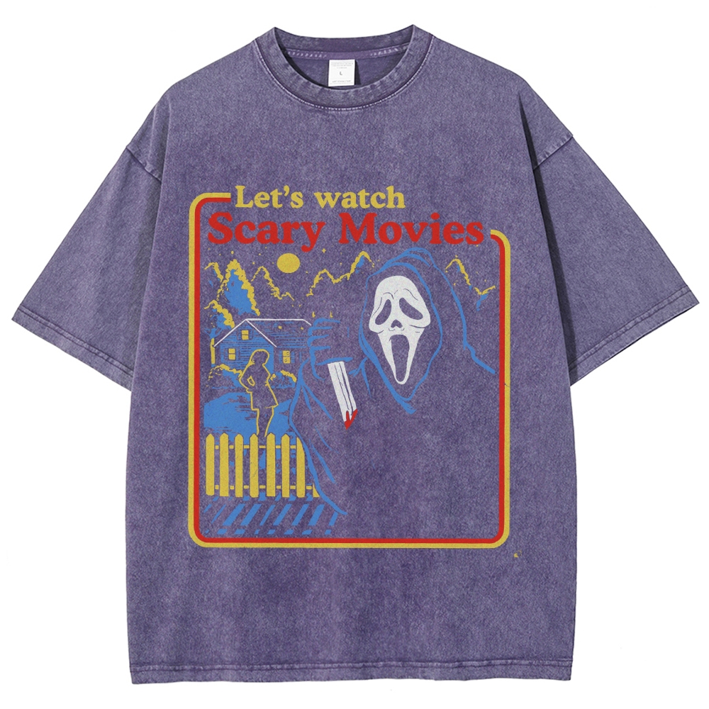 "Let's Watch Scary Movies" Retro Slasher Style Horror Washed T-Shirt
