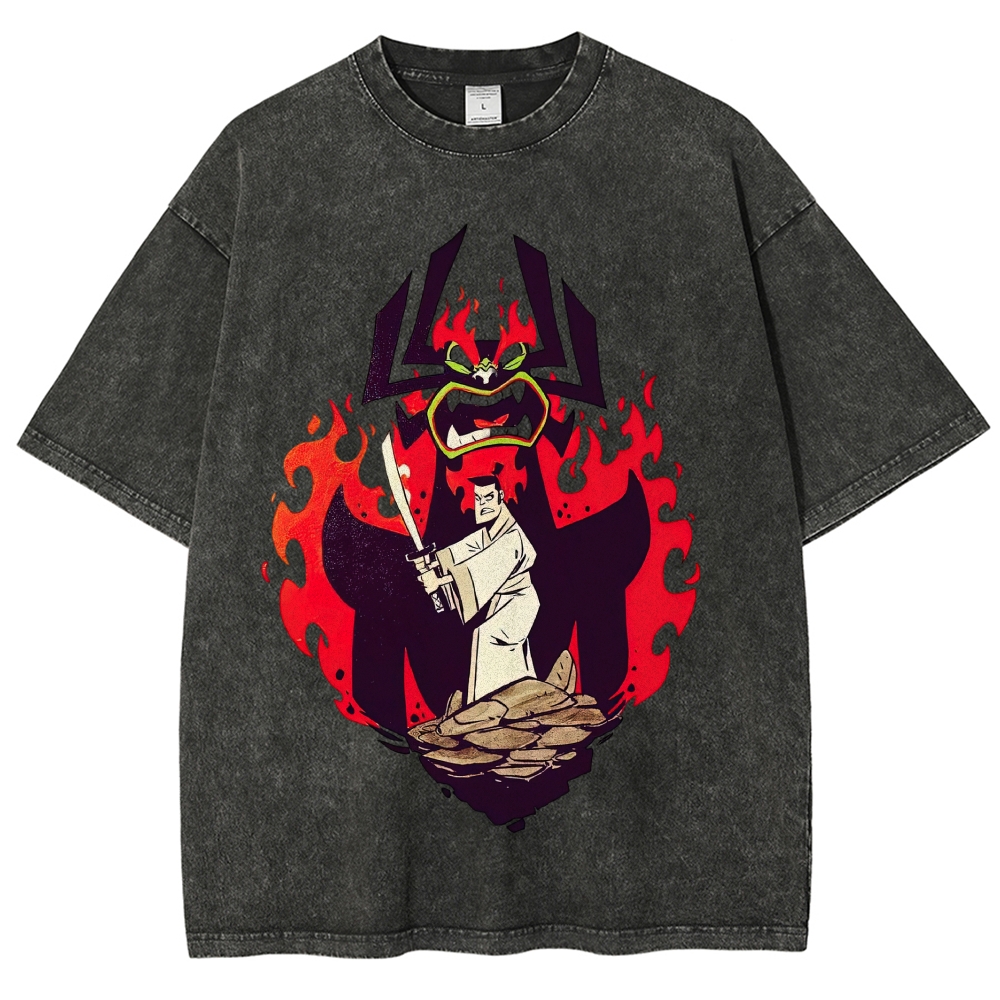 Samurai Jack vs Aku Retro Cartoon Vintage Washed T-Shirt
