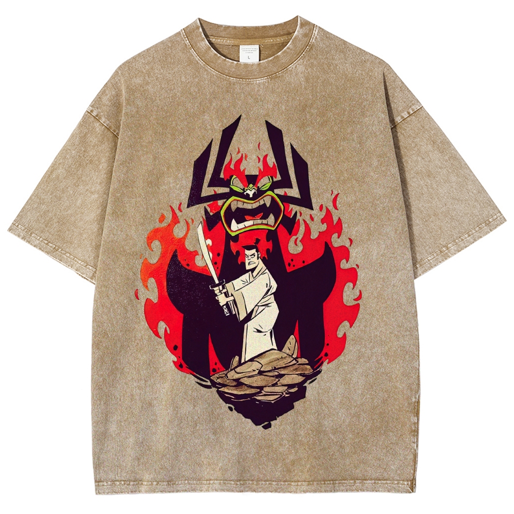 Samurai Jack vs Aku Retro Cartoon Vintage Washed T-Shirt