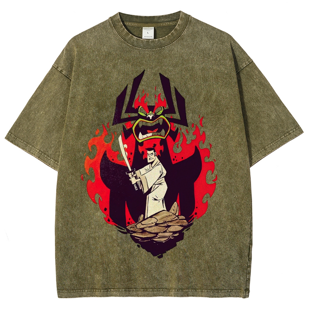 Samurai Jack vs Aku Retro Cartoon Vintage Washed T-Shirt