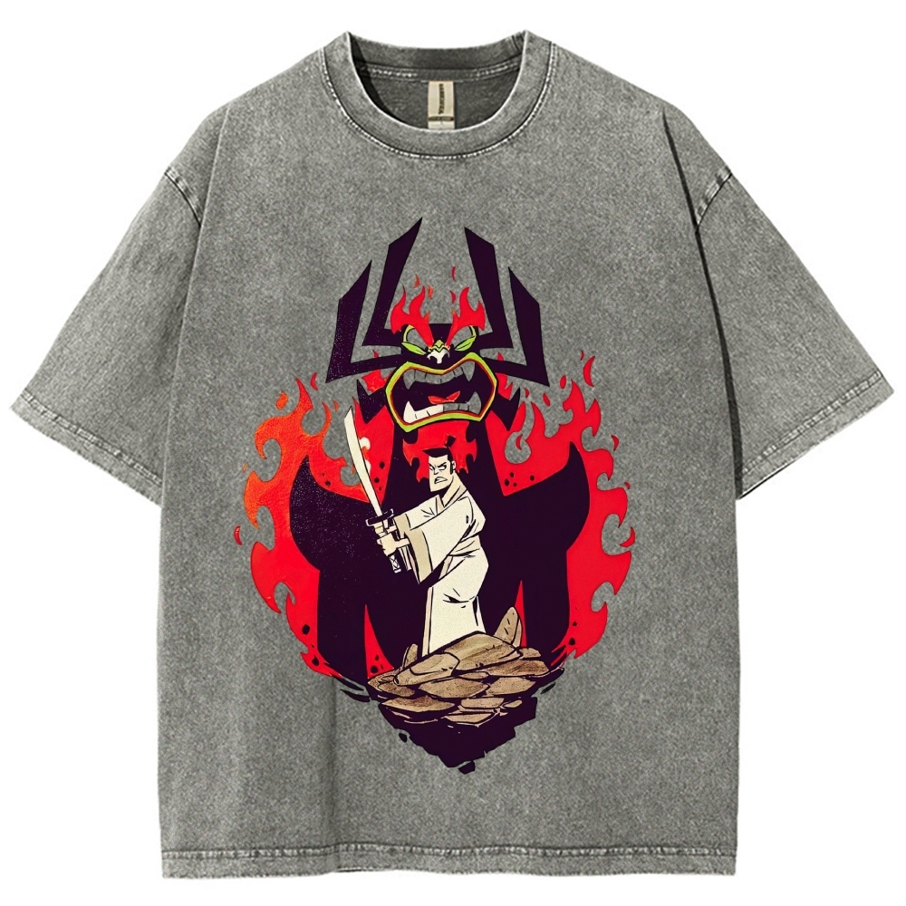 Samurai Jack vs Aku Retro Cartoon Vintage Washed T-Shirt