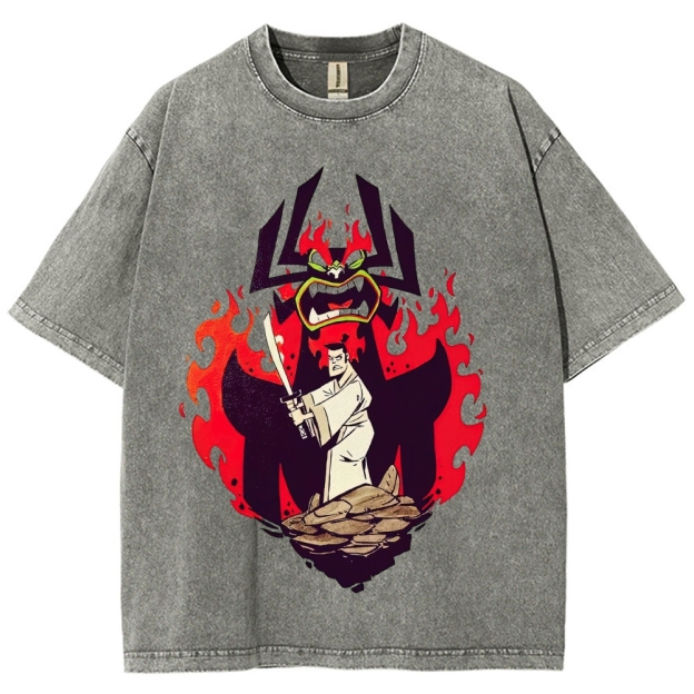 Samurai Jack vs Aku Retro Cartoon Vintage Washed T-Shirt