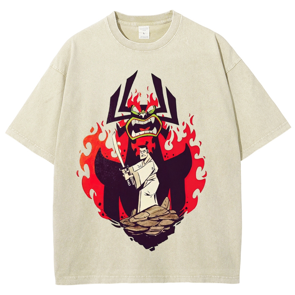 Samurai Jack vs Aku Retro Cartoon Vintage Washed T-Shirt