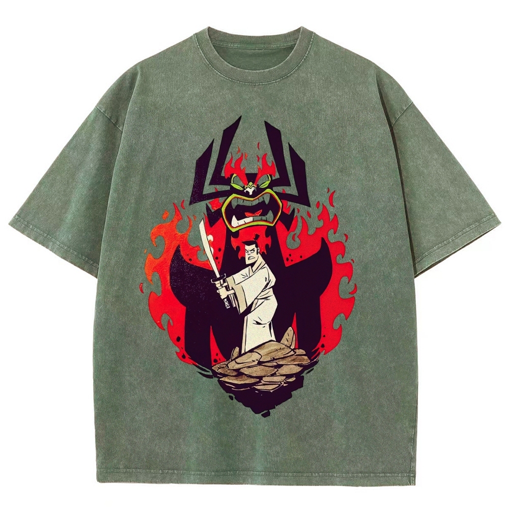 Samurai Jack vs Aku Retro Cartoon Vintage Washed T-Shirt