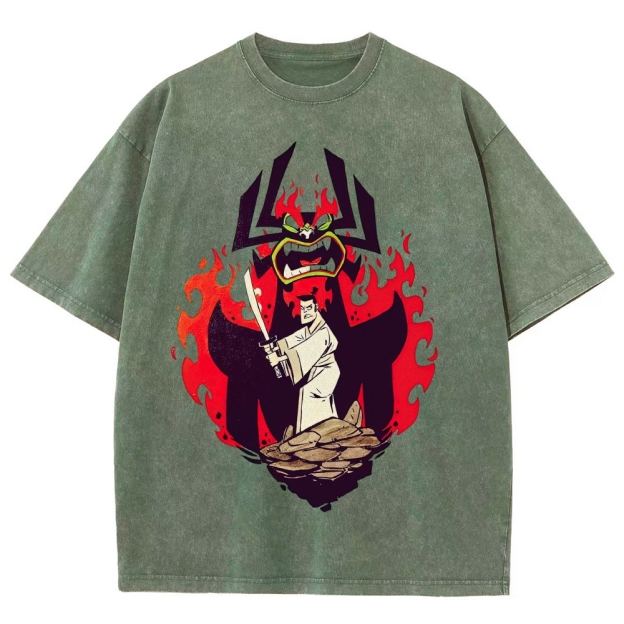 Samurai Jack vs Aku Retro Cartoon Vintage Washed T-Shirt