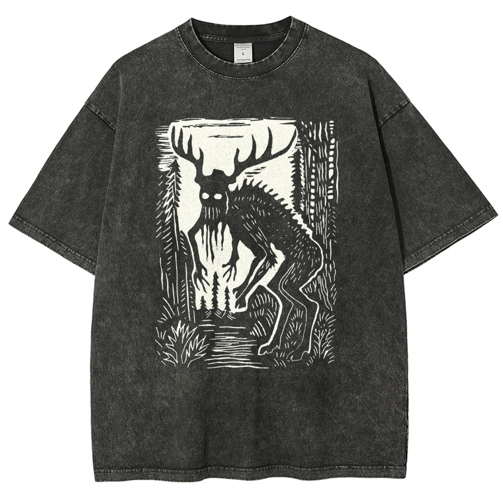 "Forest Wendigo" Vintage Woodcut Horror Washed T-Shirt 