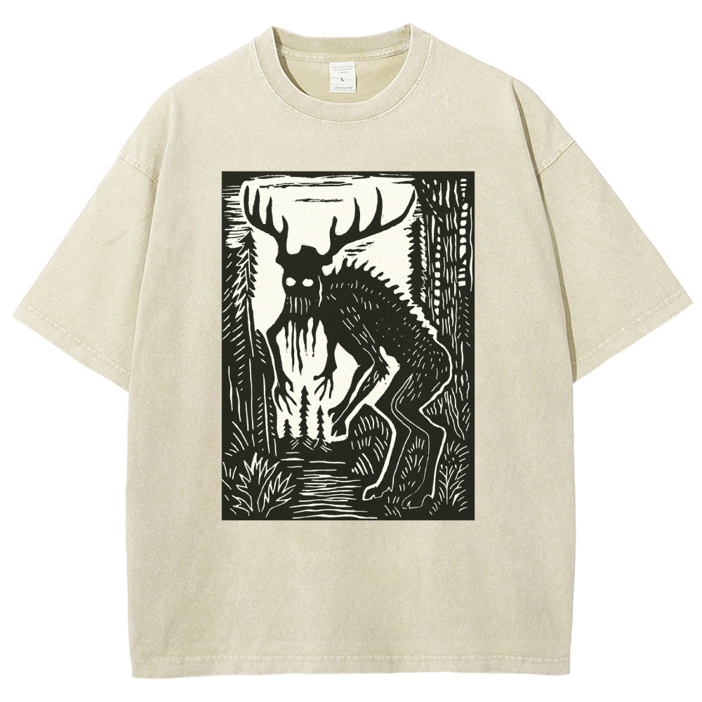 "Forest Wendigo" Vintage Woodcut Horror Washed T-Shirt 