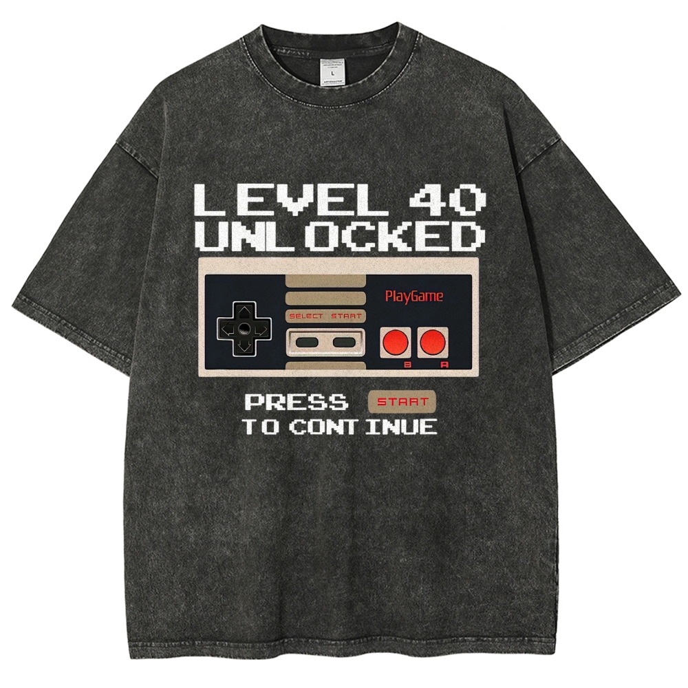 "Level 40 Unlocked" Retro Gamer Birthday Vintage Washed T-Shirt 
