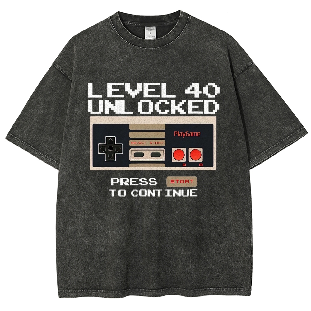 "Level 40 Unlocked" Retro Gamer Birthday Vintage Washed T-Shirt 