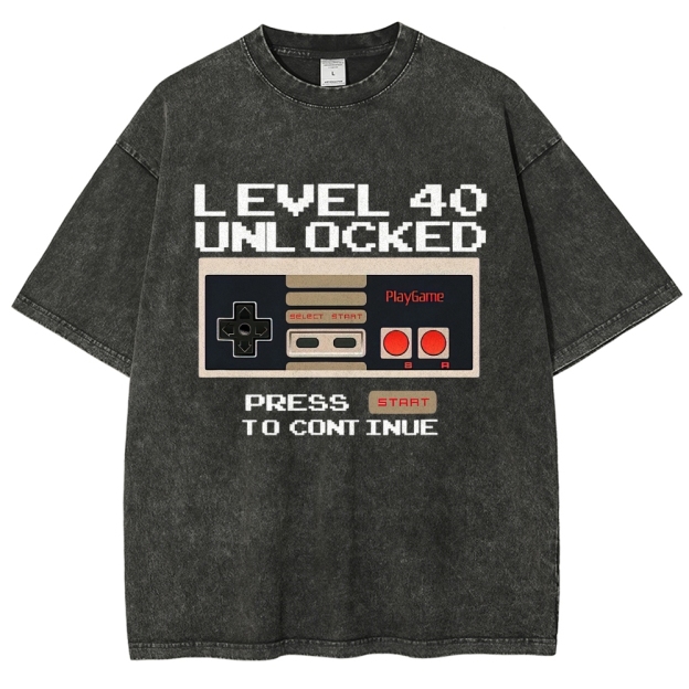 "Level 40 Unlocked" Retro Gamer Birthday Vintage Washed T-Shirt 
