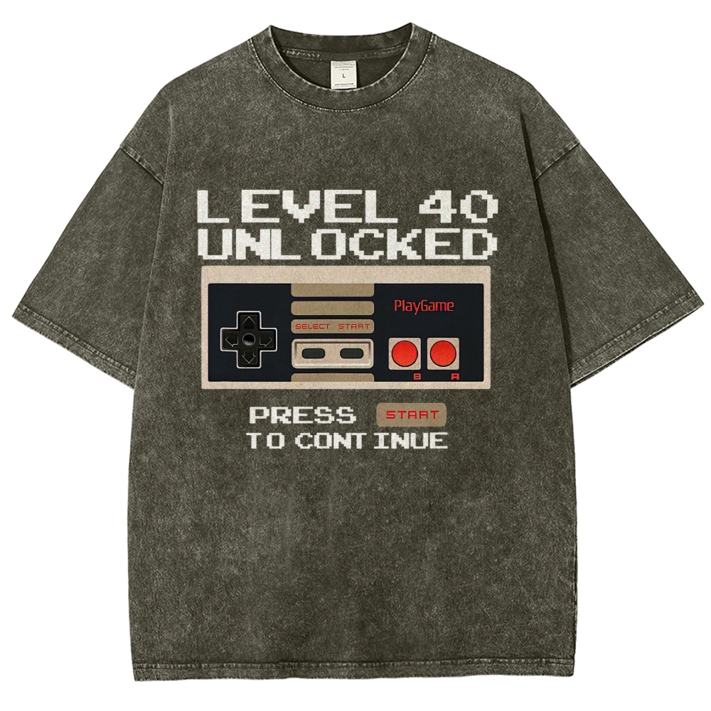 "Level 40 Unlocked" Retro Gamer Birthday Vintage Washed T-Shirt 