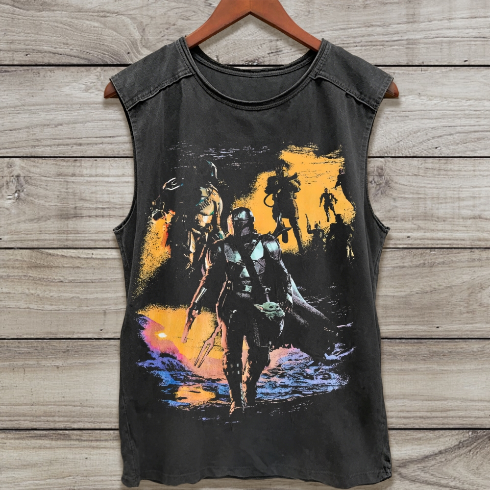 The Mandalorian "Bounty Hunter" Retro Sci-Fi Sleeveless Washed Tank Top 