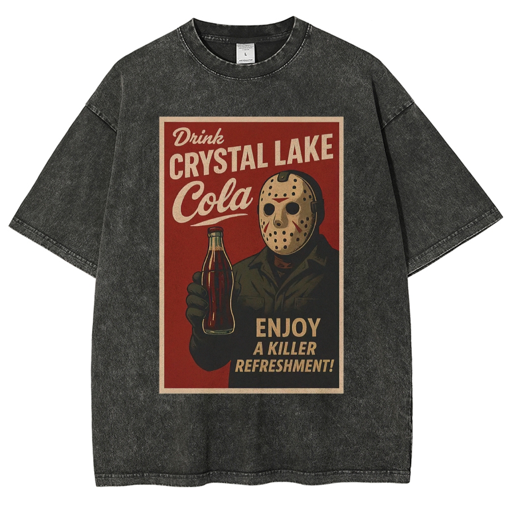 "Crystal Lake Cola" Retro Horror Ad Vintage Washed T-Shirt
