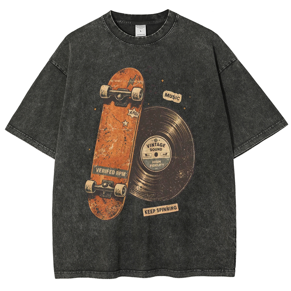 "Keep Spinning" Vintage Skateboard & Vinyl Music Washed T-Shirt