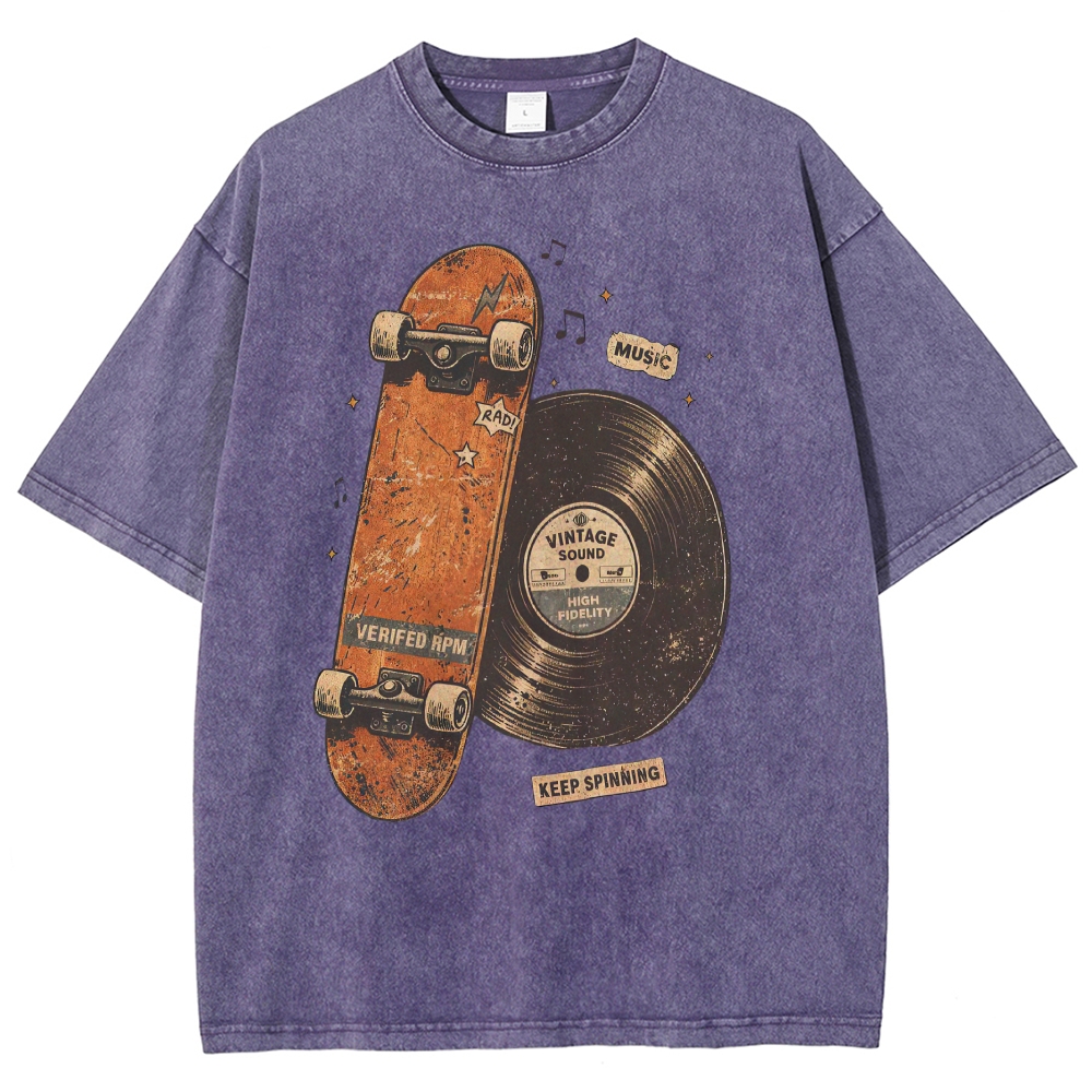 "Keep Spinning" Vintage Skateboard & Vinyl Music Washed T-Shirt