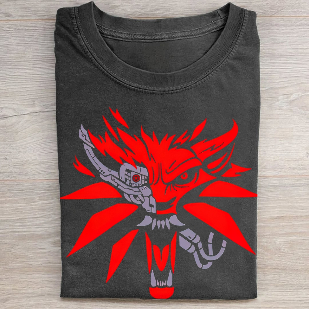 Cybernetic Wolf Monster Sci-Fi Fantasy Vintage Washed Tee 