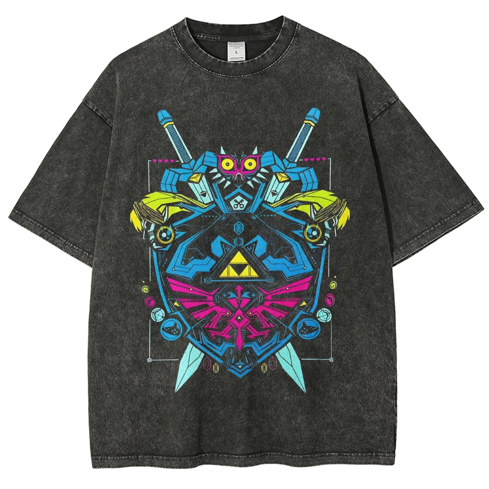 Neon Zelda Hylian Shield Graphic Vintage Washed T-Shirt