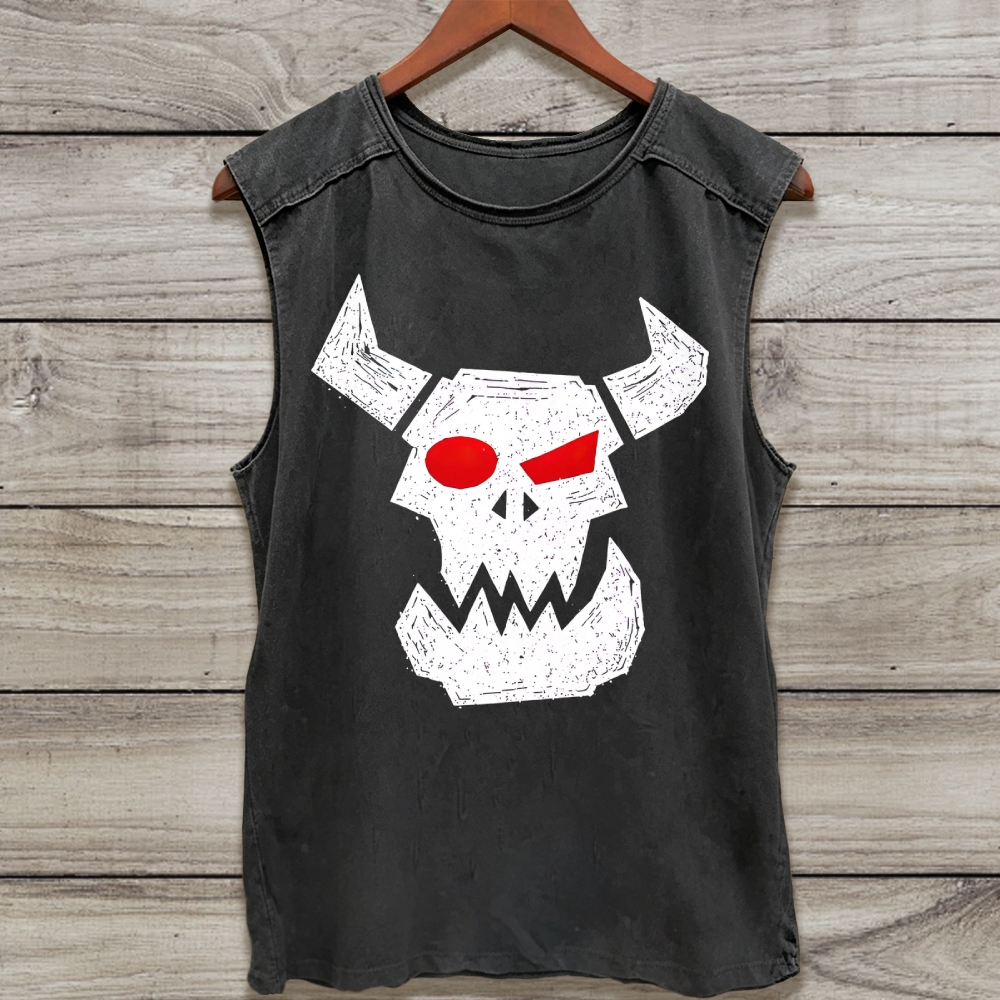 Distressed Horned Demon Skull Vintage Washed Tee Washed Tank Top 