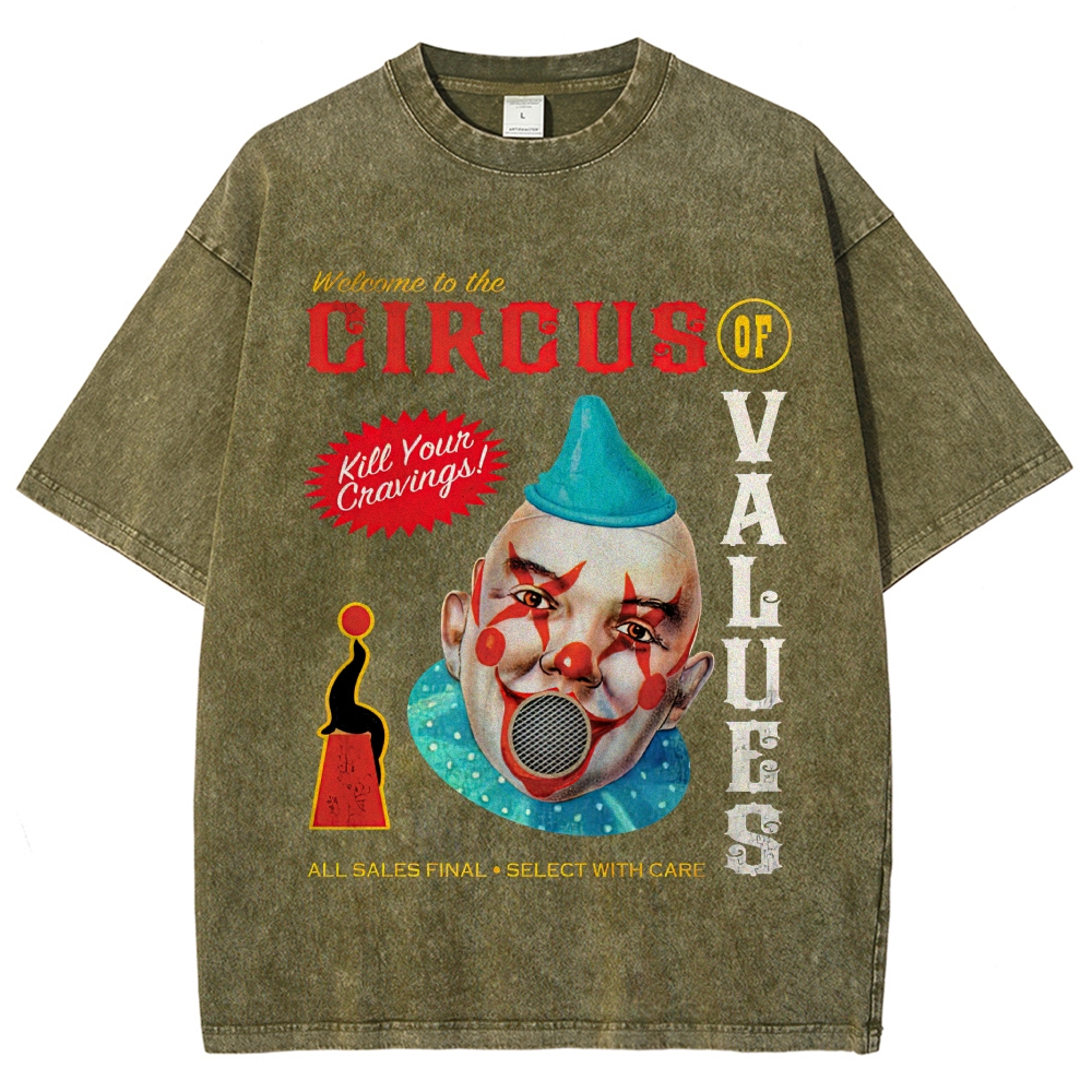 "Circus of Values" Retro Clown Horror Game Vintage Washed T-Shirt