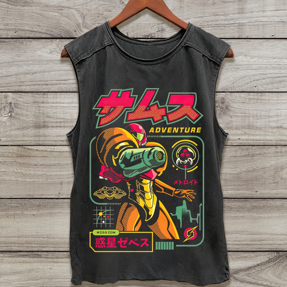 Metroid Samus Adventure Retro Game Sci-Fi Graphic Washed Tank Top