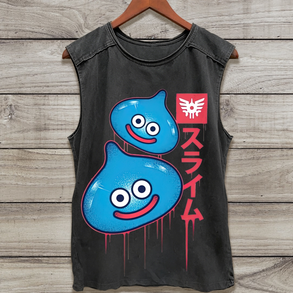 Slime Blue Drippy JRPG Retro Sleeveless Washed Tank Top 
