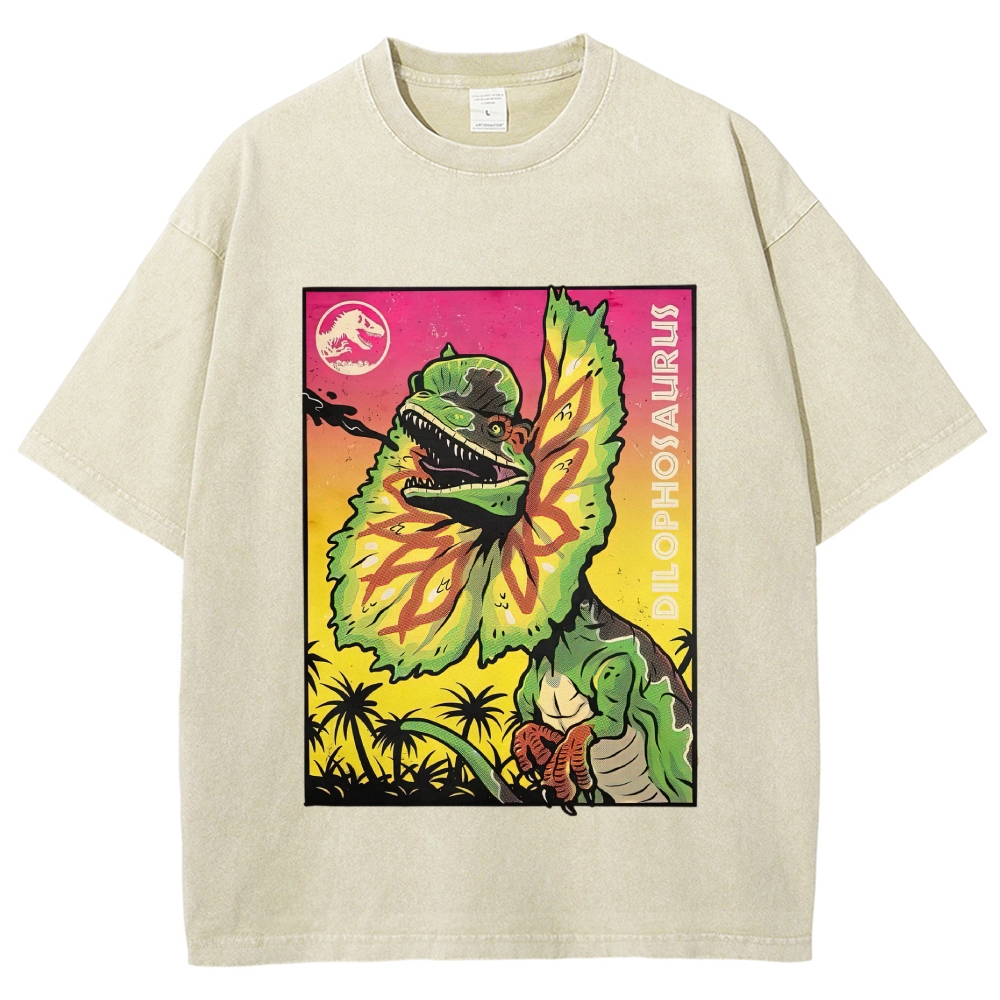 Dilophosaurus Jurassic Retro Poster Washed T-Shirt