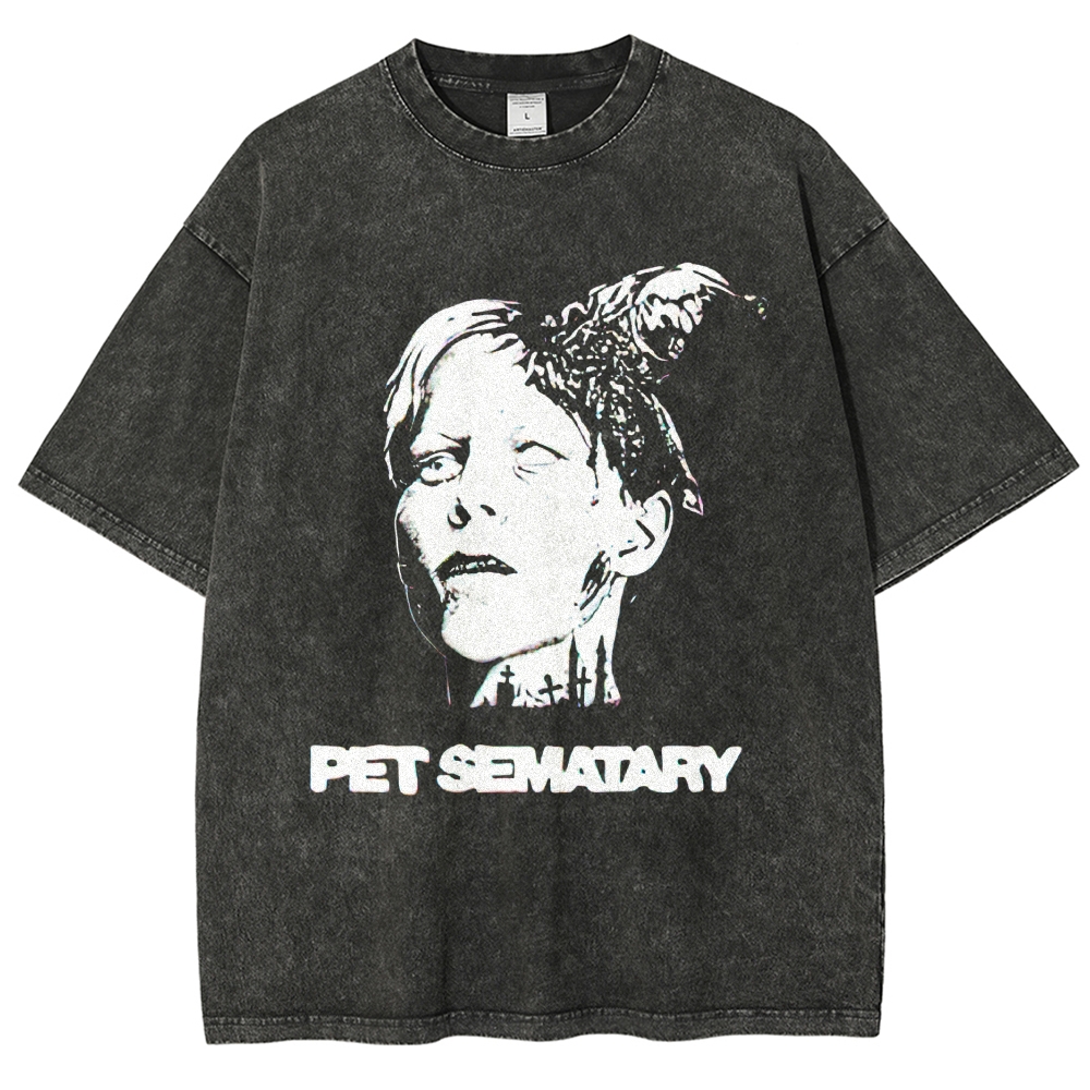 Retro "Pet Sematary" Horror Portrait Graphic Vintage Washed T-Shirt 