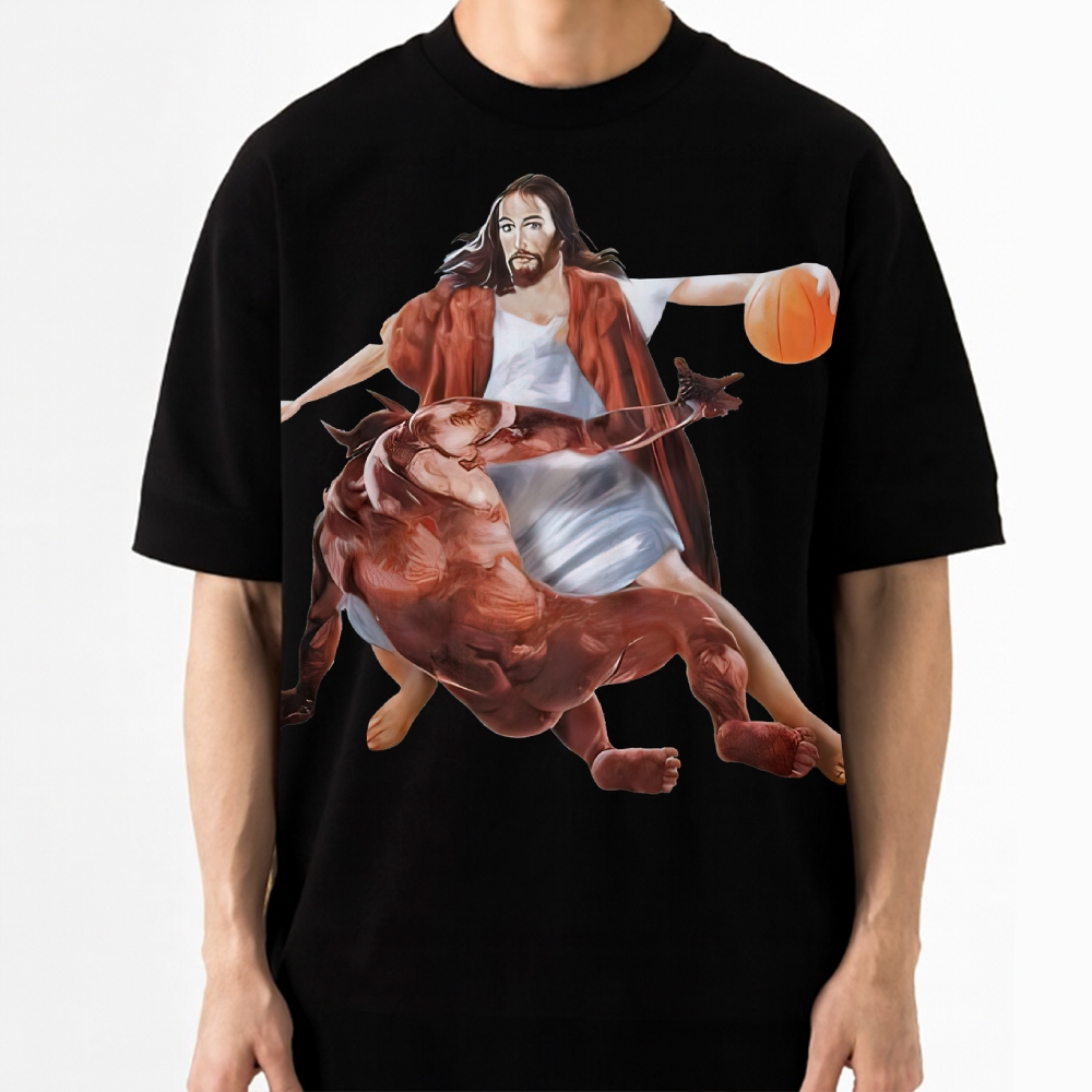 Retro Jesus vs Devil Basketball Graphic Cotton T-shirt