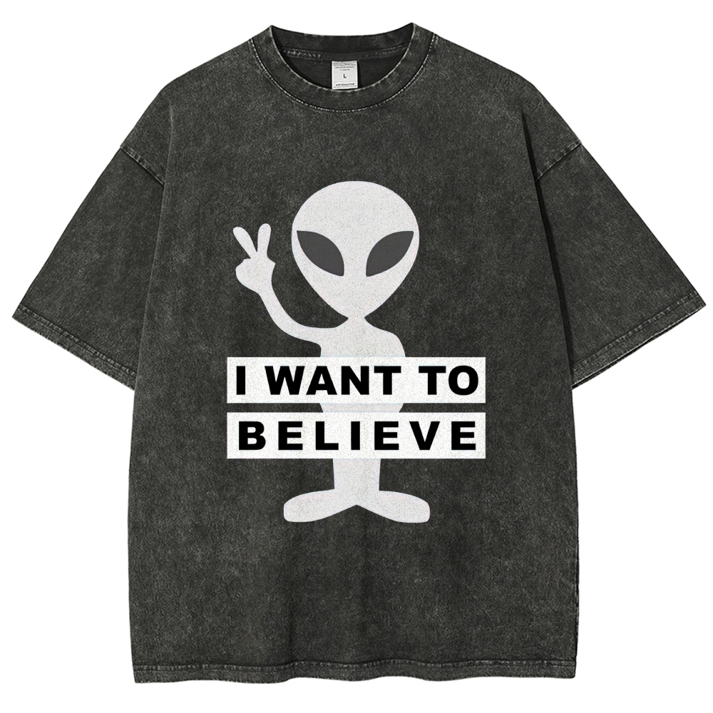 Alien "I Want To Believe" Peace Sign UFO Vintage Washed T-Shirt 