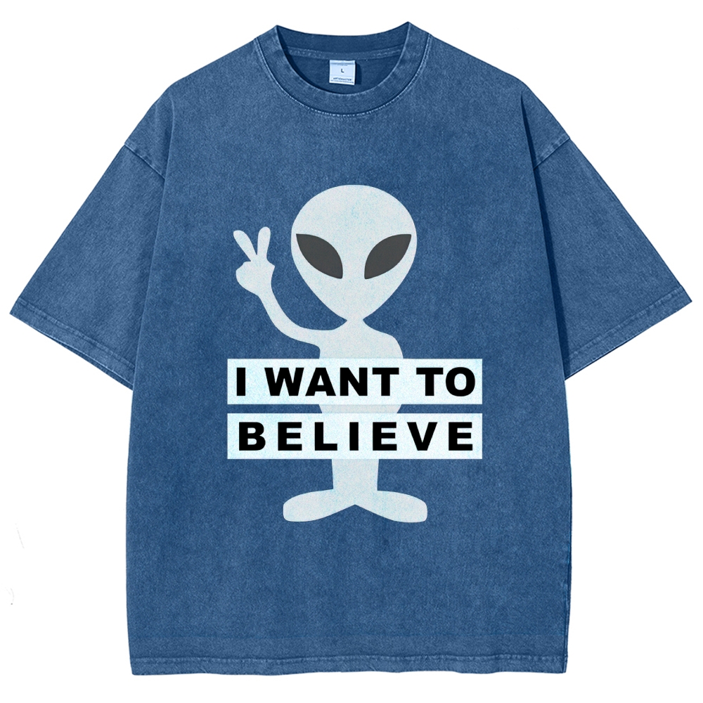 Alien "I Want To Believe" Peace Sign UFO Vintage Washed T-Shirt 
