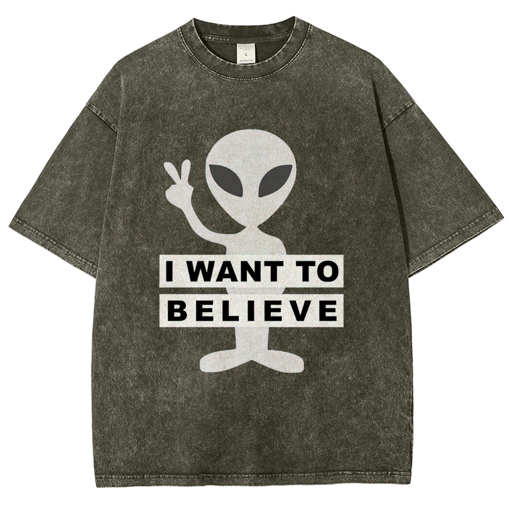 Alien "I Want To Believe" Peace Sign UFO Vintage Washed T-Shirt 