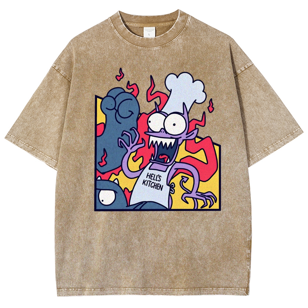 Devil Chef Hell's Kitchen Parody Cartoon Vintage Washed T-Shirt