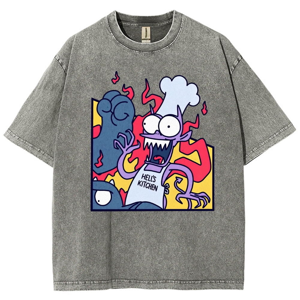 Devil Chef Hell's Kitchen Parody Cartoon Vintage Washed T-Shirt