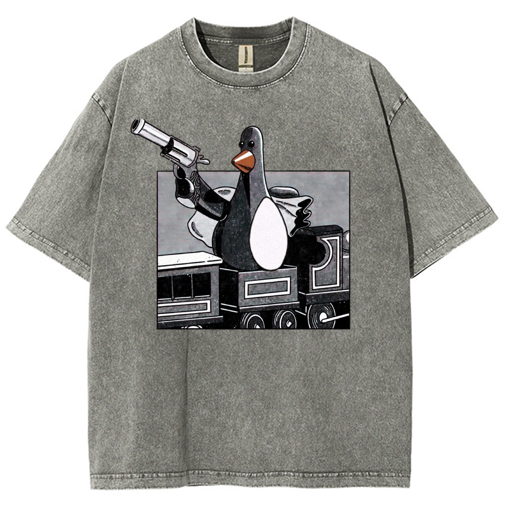 Revolver Gun Duck Retro Train Comic Washed T-Shirt 