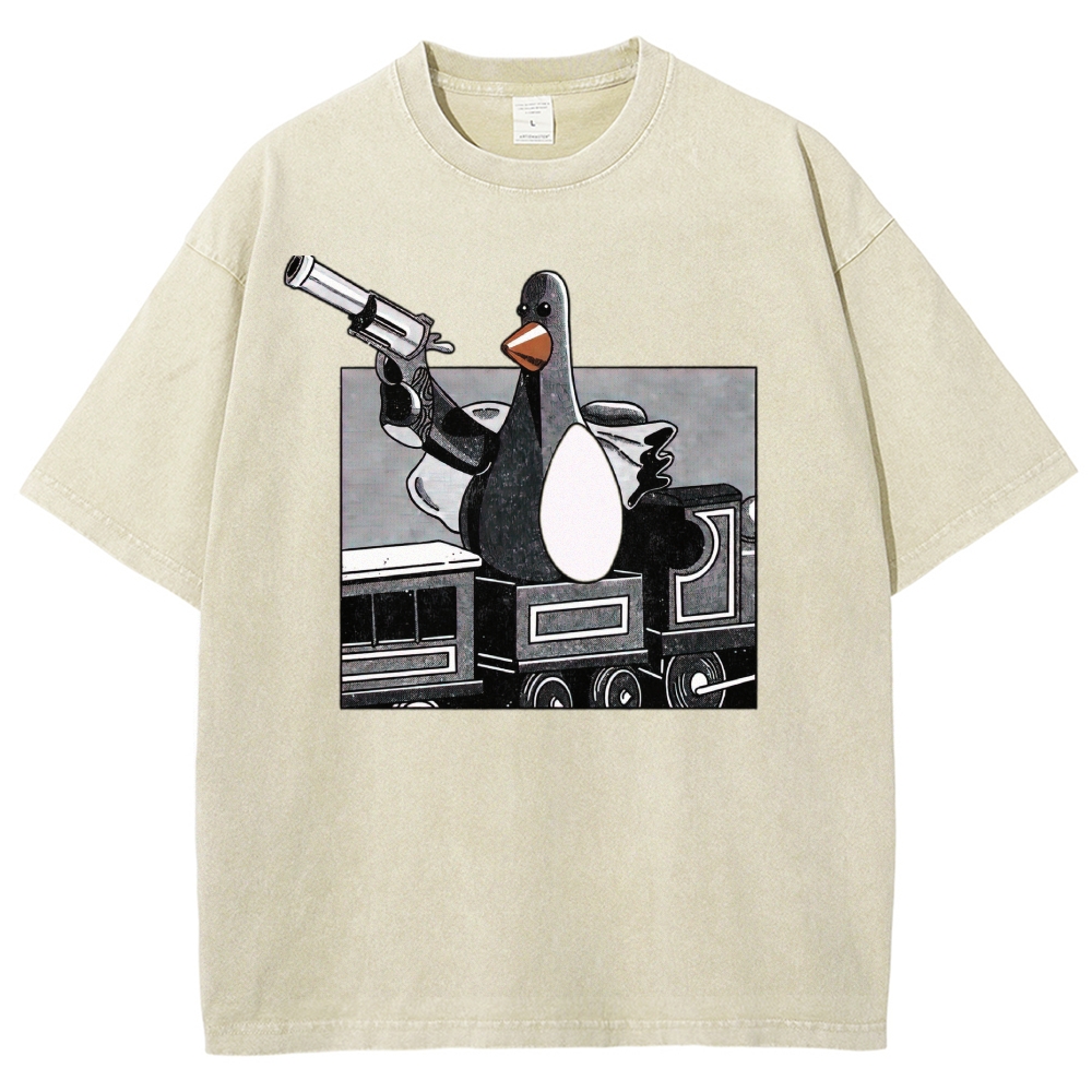 Revolver Gun Duck Retro Train Comic Washed T-Shirt 