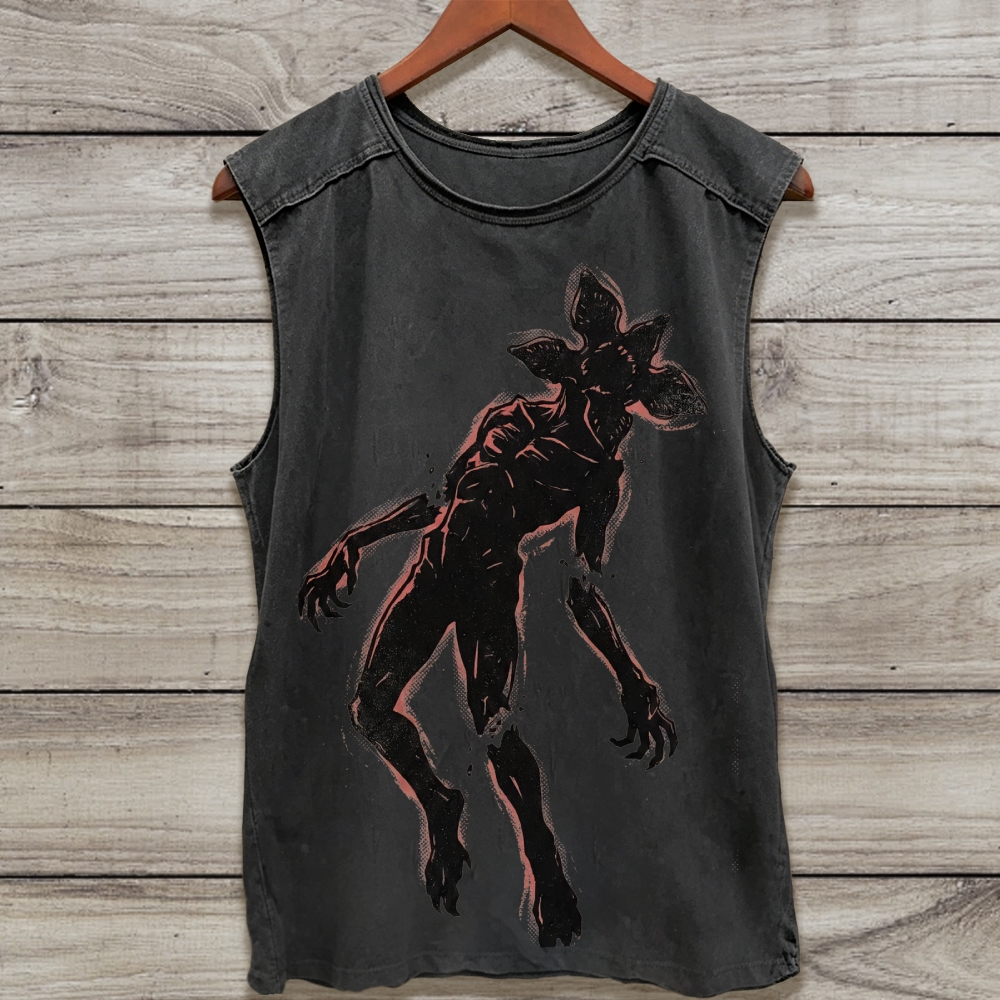 Bloody Red Outline Demogorgon Horror Sleeveless Washed Tank Top