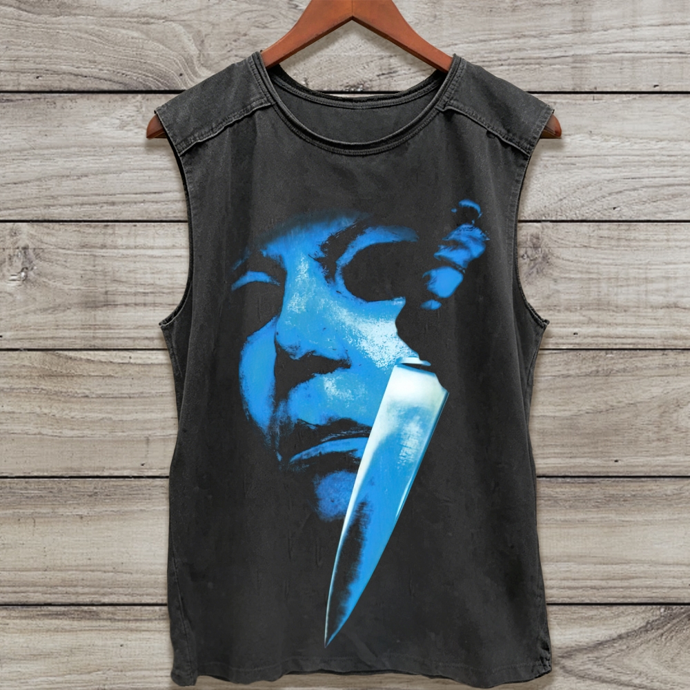 Blue Tone Slasher Face With Knife Horror Vintage Washed Tank Top